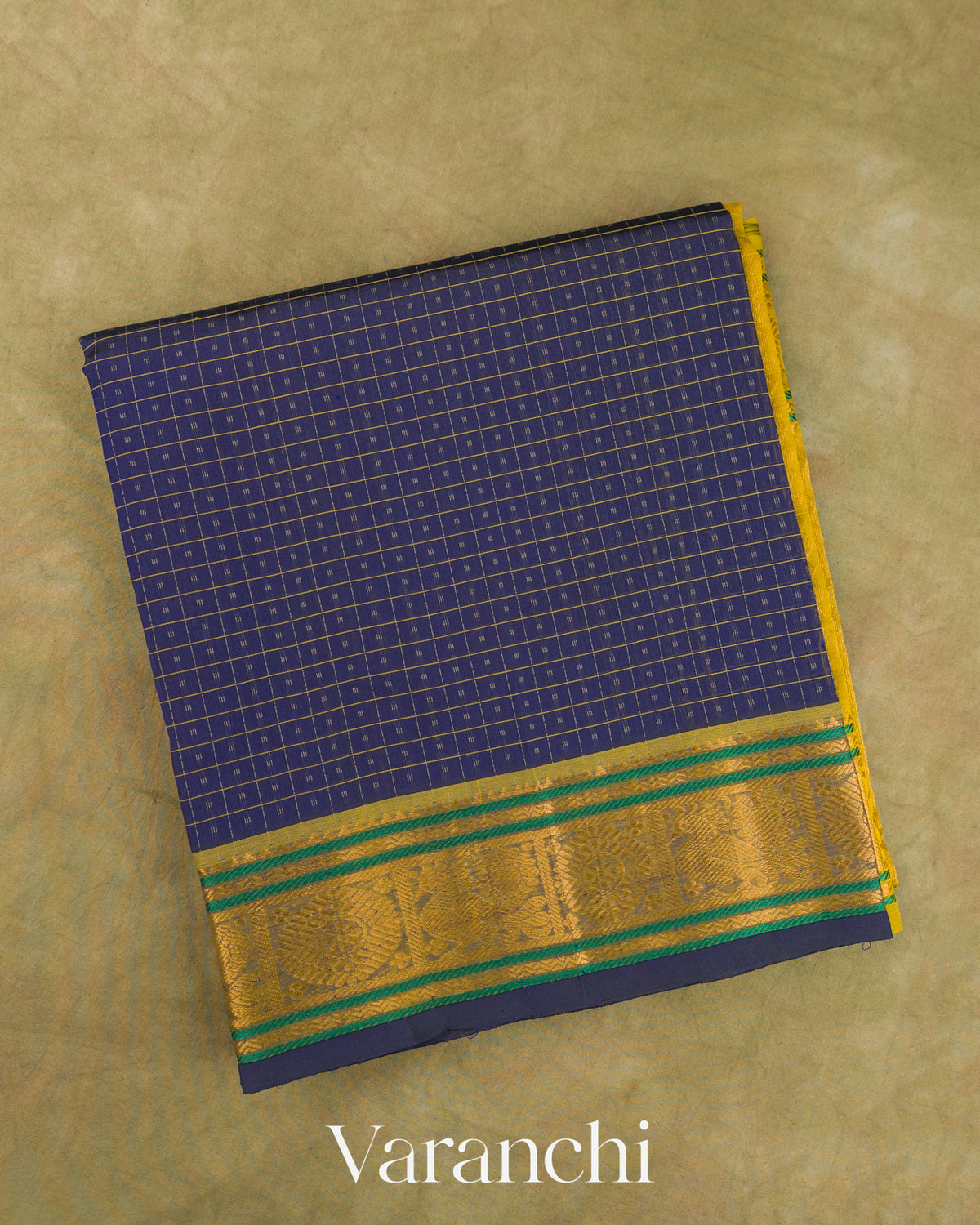 Navy Blue Lakshadeepam Pure Kanchipuram Silk Cotton Handloom Saree — Folded