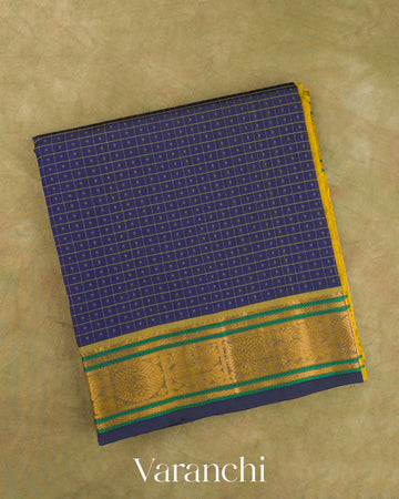 Navy Blue Lakshadeepam Pure Kanchipuram Silk Cotton Handloom Saree — Folded
