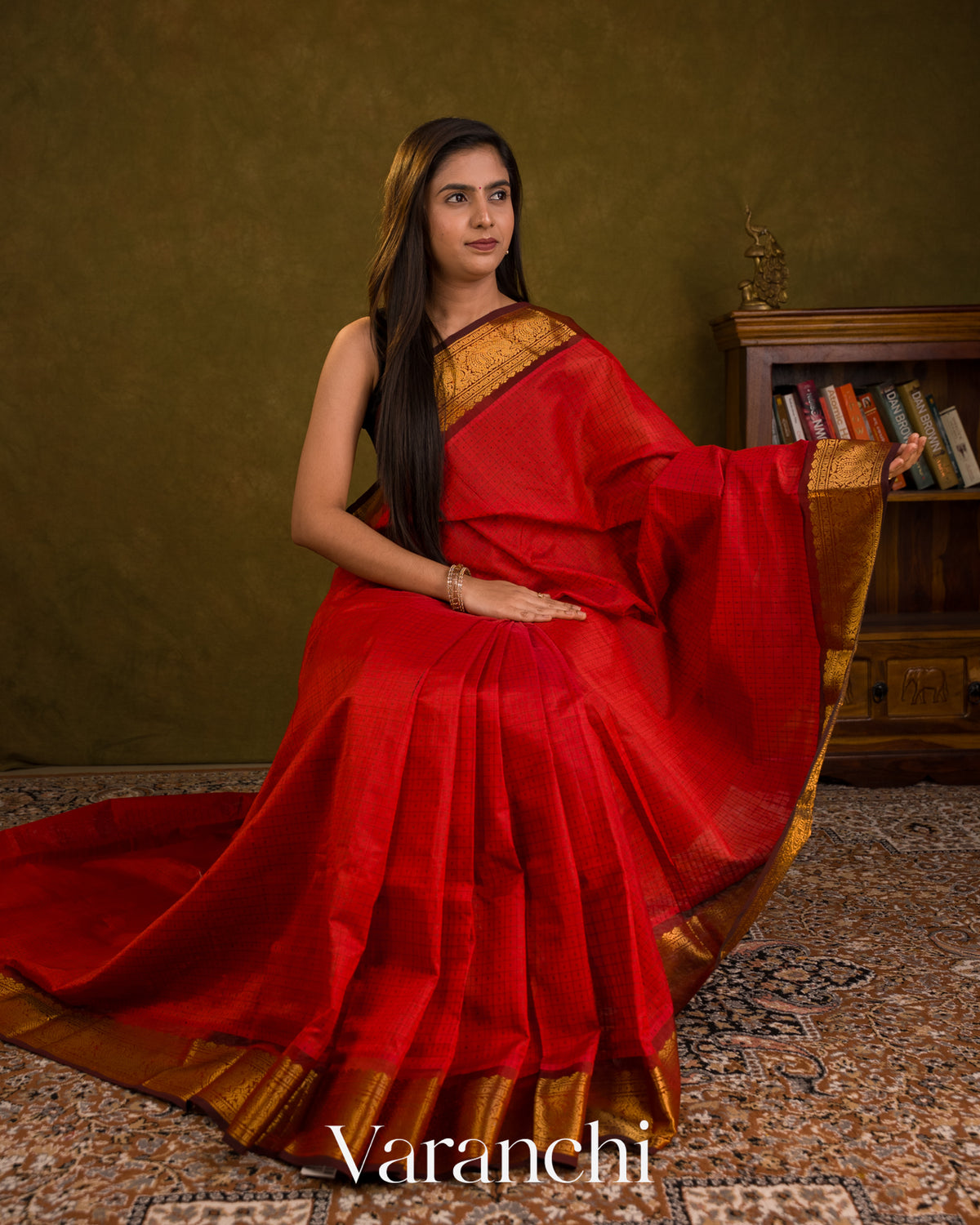 Bright Red Lakshadeepam Pure Kanchipuram Silk Cotton Handloom Saree — Draped