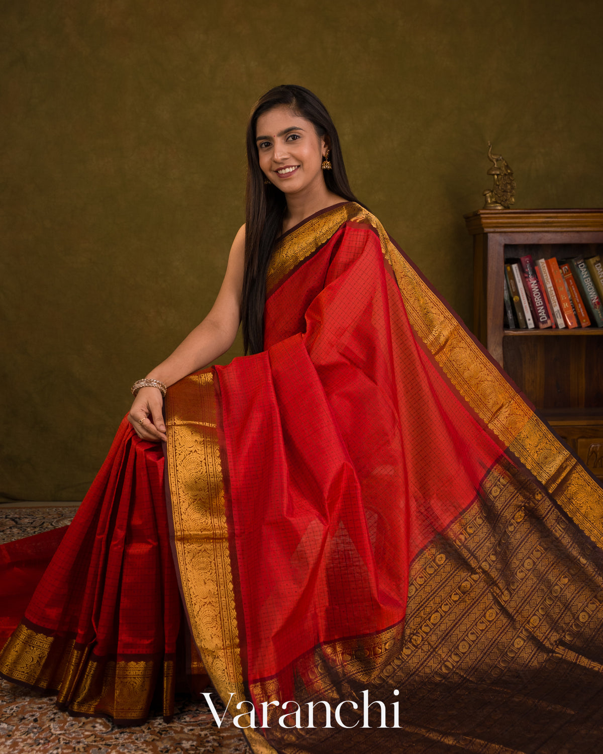 Bright Red Lakshadeepam Pure Kanchipuram Silk Cotton Handloom Saree — Draped