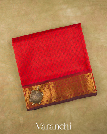 Bright Red Lakshadeepam Pure Kanchipuram Silk Cotton Handloom Saree — Folded