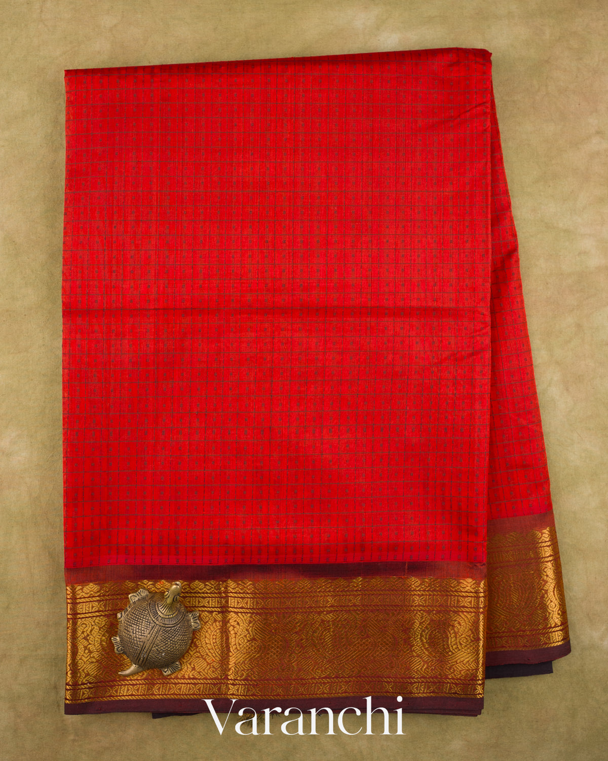 Bright Red Lakshadeepam Pure Kanchipuram Silk Cotton Handloom Saree — Full Saree