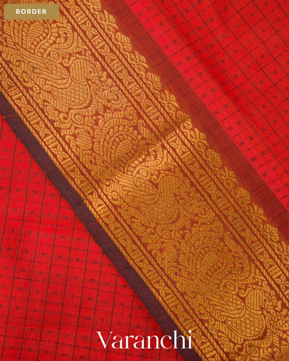 Bright Red Lakshadeepam Pure Kanchipuram Silk Cotton Handloom Saree — Border