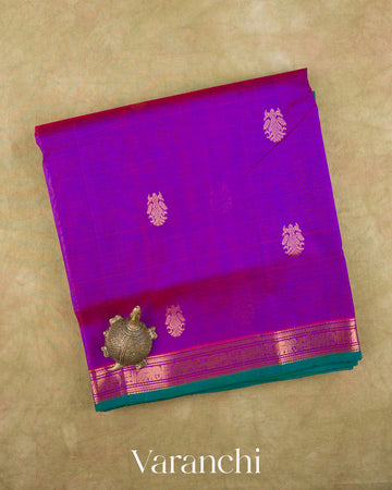 Violet Pure Kanchipuram Silk Cotton Handloom Saree — Folded