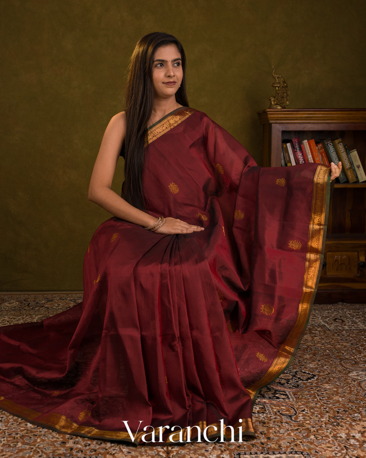 Maroon Pure Kanchipuram Silk Cotton Handloom Saree — Draped