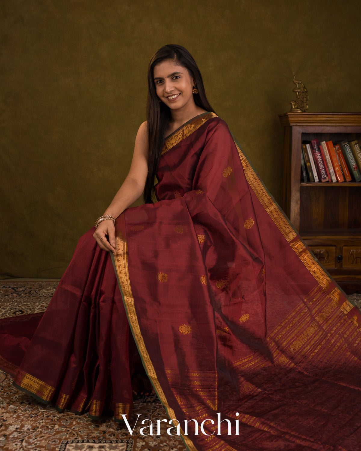 Maroon Pure Kanchipuram Silk Cotton Handloom Saree — Draped