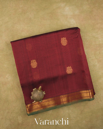 Maroon Pure Kanchipuram Silk Cotton Handloom Saree — Folded