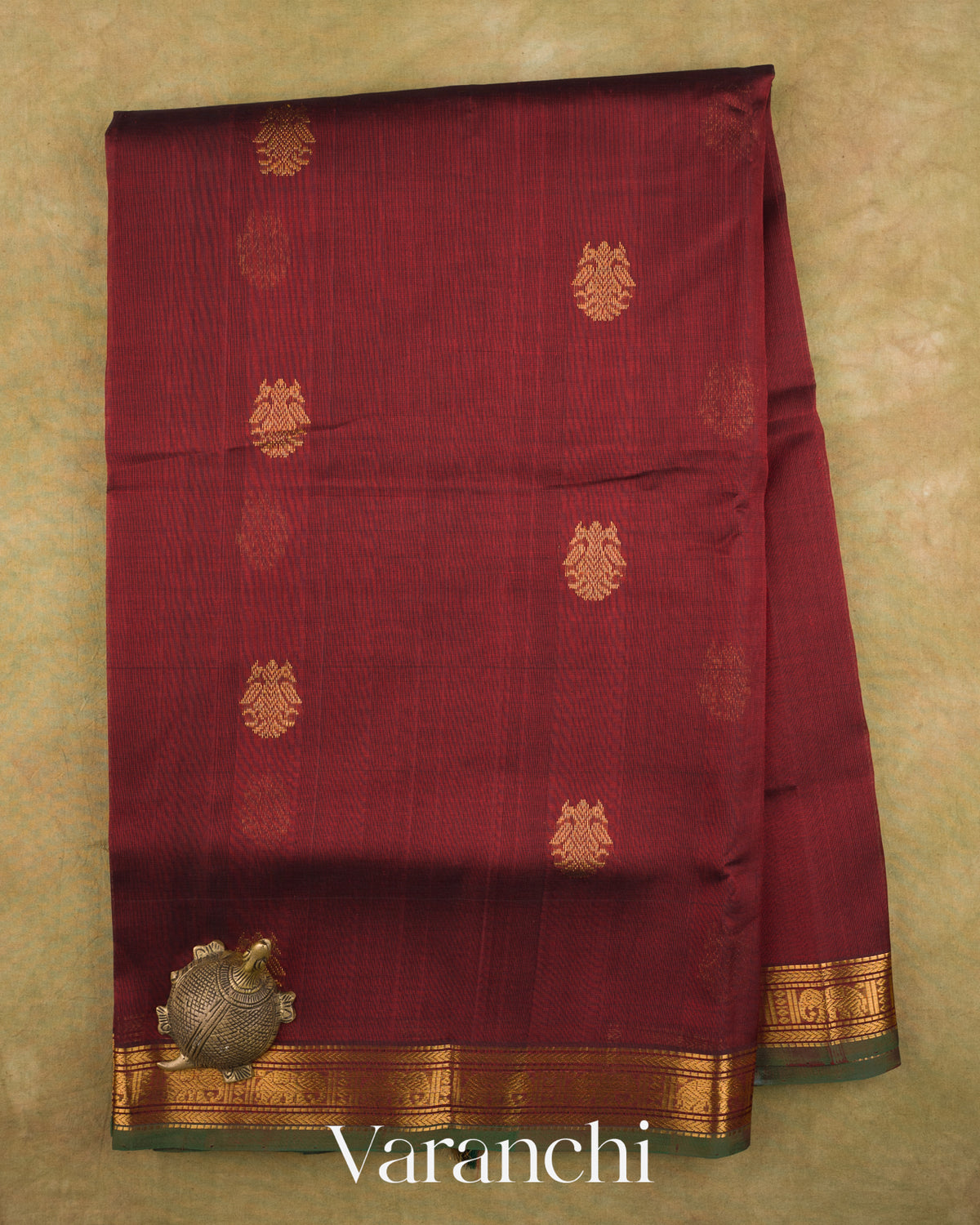 Maroon Pure Kanchipuram Silk Cotton Handloom Saree — Full Saree