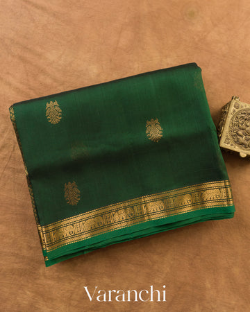 Bottle Green Pure Kanchipuram Silk Handloom Saree — Folded