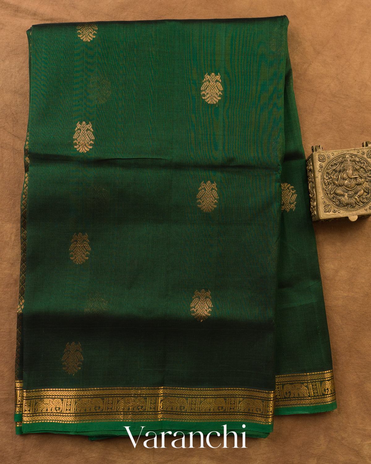 Bottle Green Pure Kanchipuram Silk Handloom Saree — Full Saree