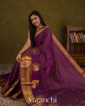Violet Purple Checkered Pure Kanchipuram Silk Cotton Handloom Saree — Draped