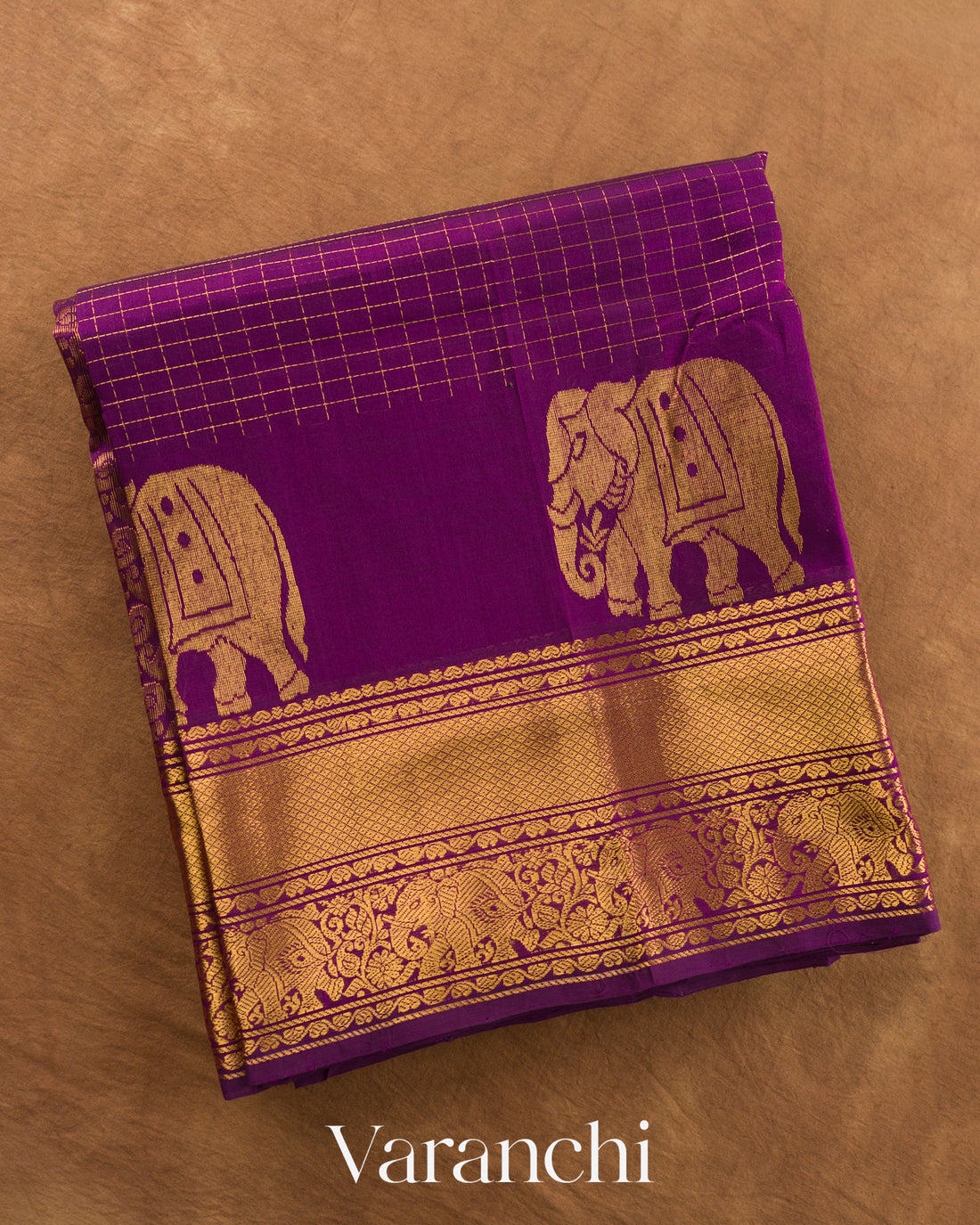 Violet Purple Checkered Pure Kanchipuram Silk Cotton Handloom Saree — Folded