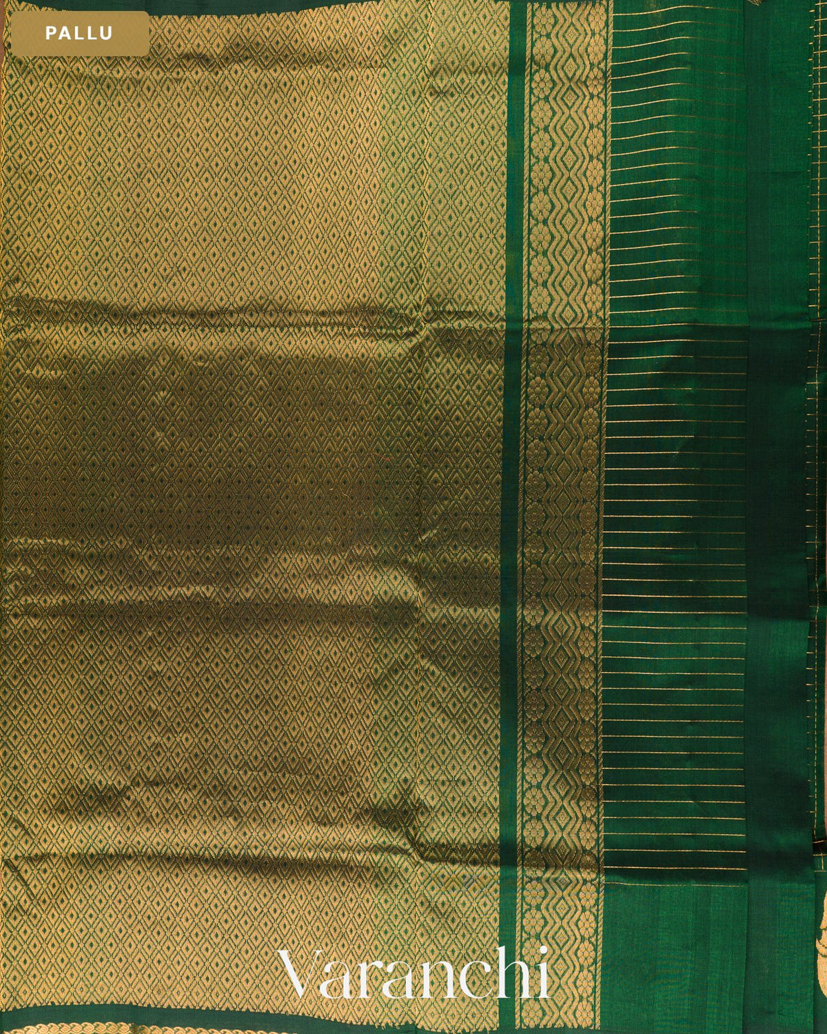 Bottle Green Pure Kanchipuram Silk Cotton Handloom Saree — Pallu