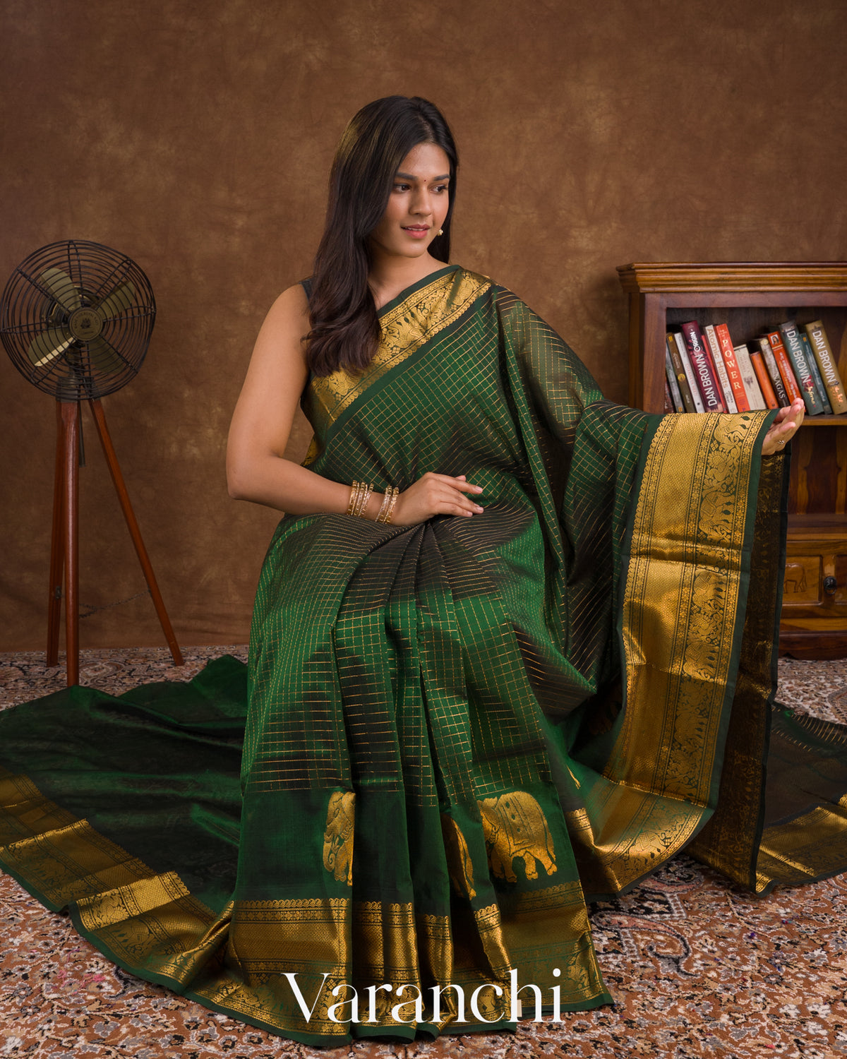 Bottle Green Pure Kanchipuram Silk Cotton Handloom Saree — Draped