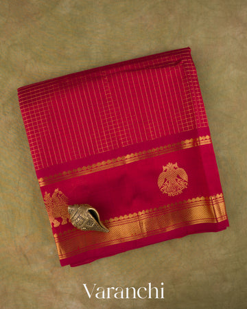 Ruby Red Checkered Pure Kanchipuram Silk Cotton Handloom Saree — Folded