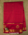 Ruby Red Checkered Pure Kanchipuram Silk Cotton Handloom Saree — Full Saree