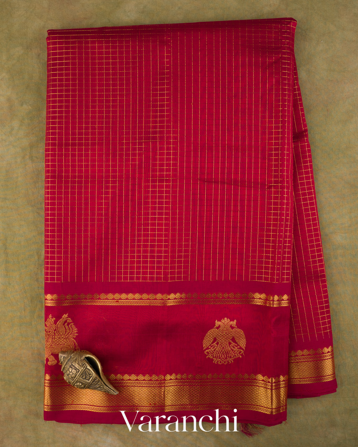 Ruby Red Checkered Pure Kanchipuram Silk Cotton Handloom Saree — Full Saree