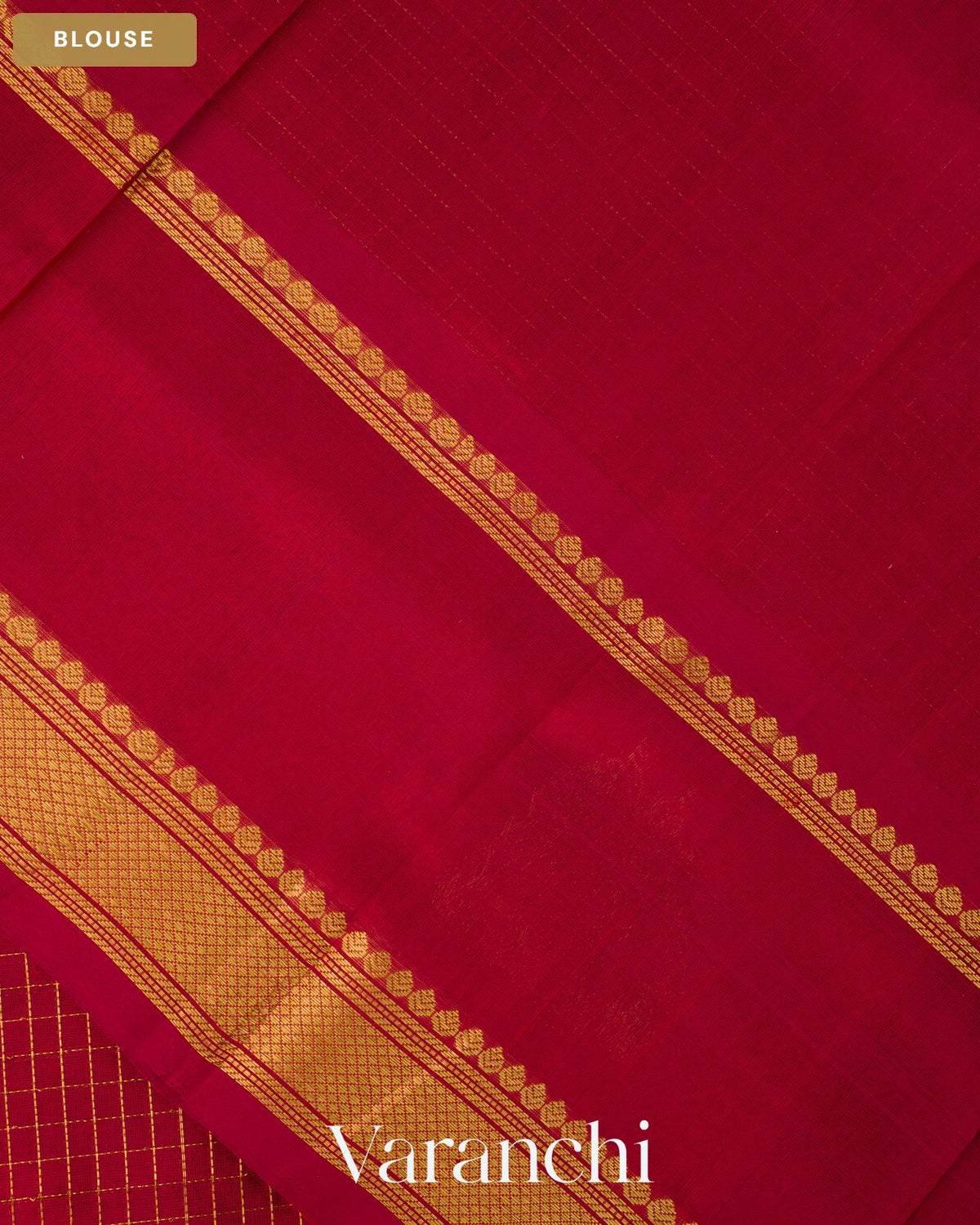 Ruby Red Checkered Pure Kanchipuram Silk Cotton Handloom Saree — Blouse