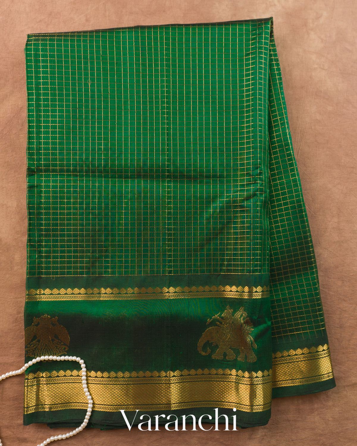 Bottle Green Checkered Pure Kanchipuram Silk Cotton Handloom Saree — Full Saree
