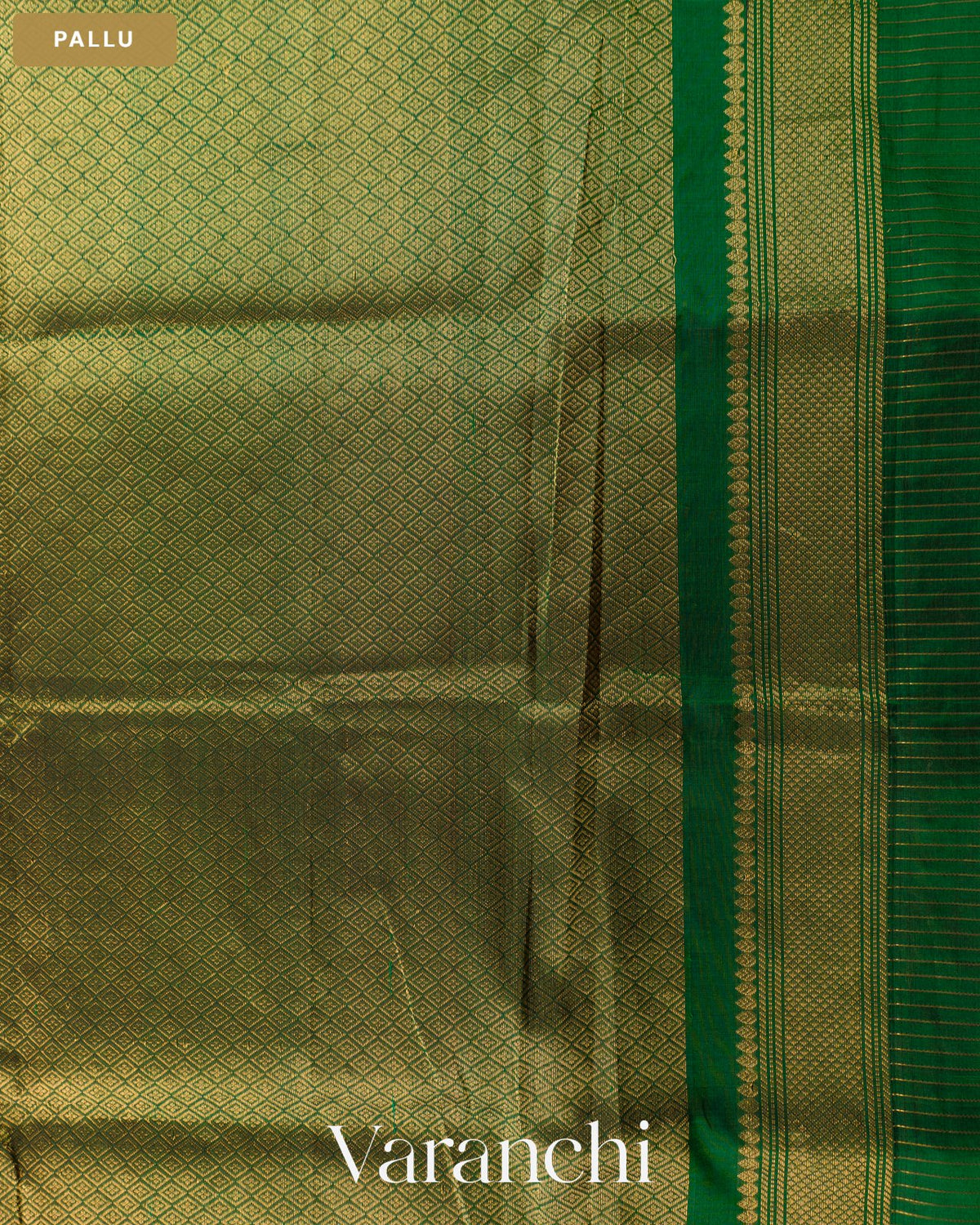 Bottle Green Checkered Pure Kanchipuram Silk Cotton Handloom Saree — Pallu