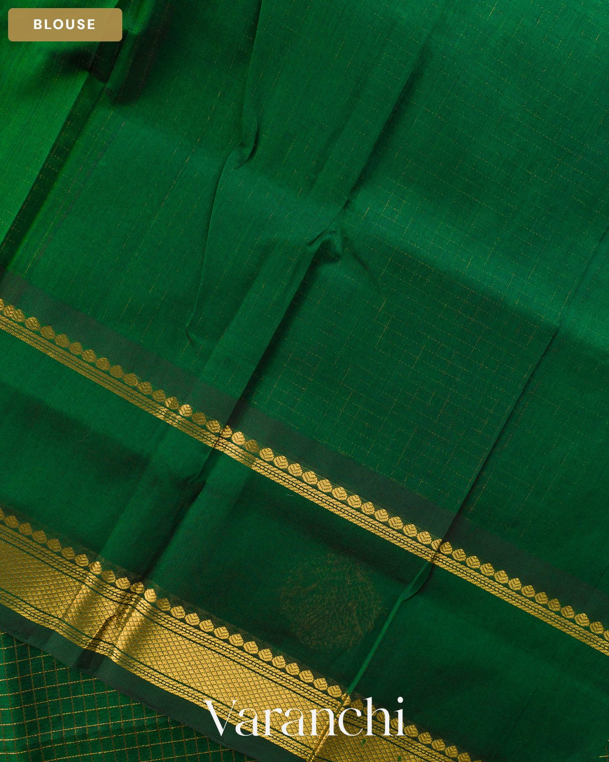 Bottle Green Checkered Pure Kanchipuram Silk Cotton Handloom Saree — Blouse