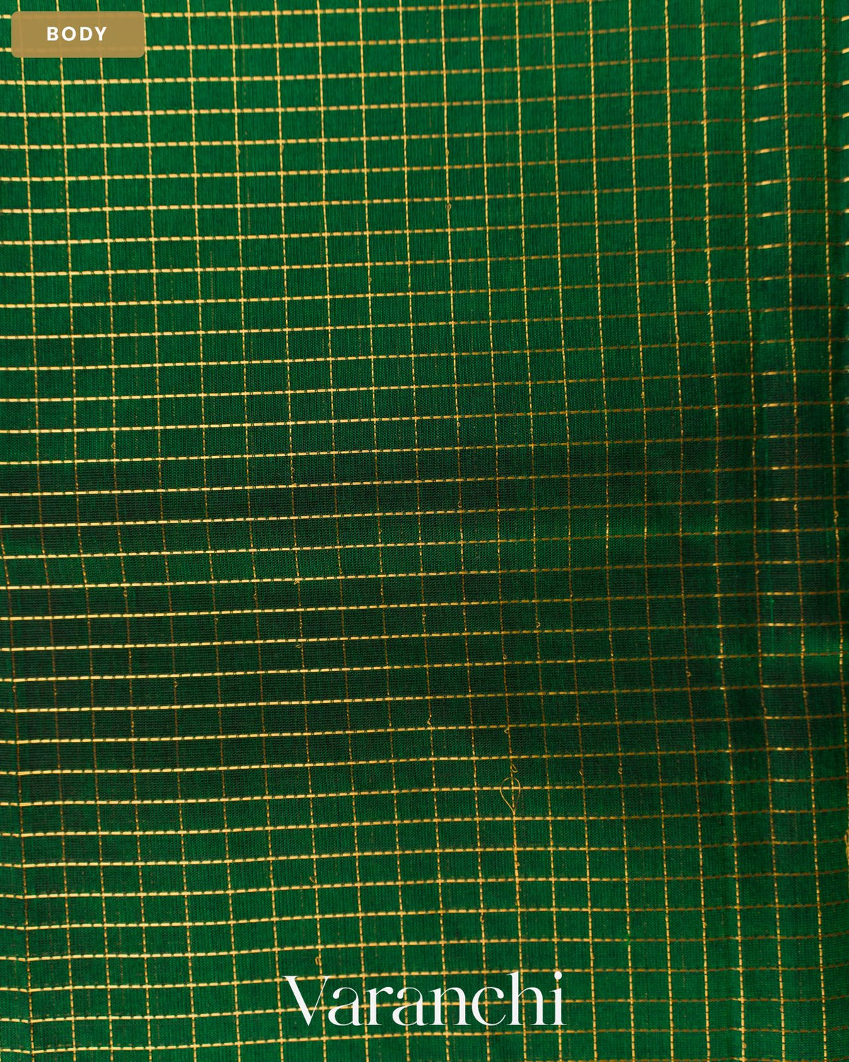 Bottle Green Checkered Pure Kanchipuram Silk Cotton Handloom Saree — Body