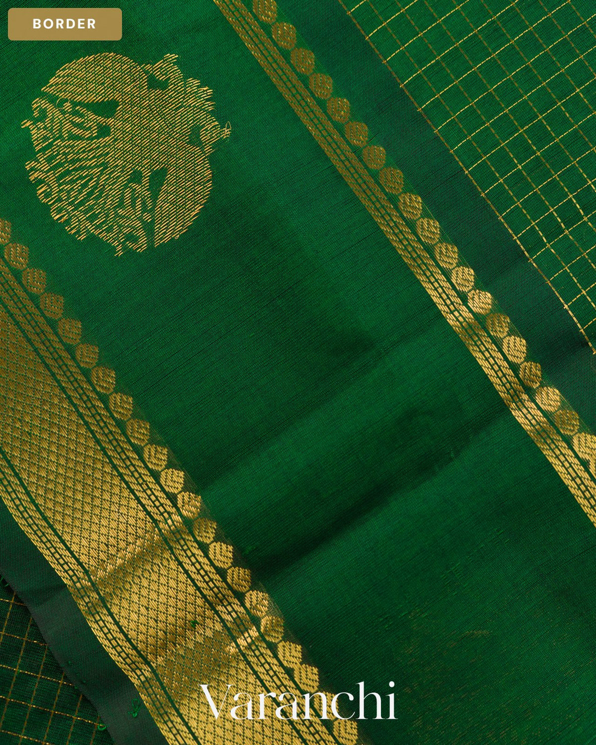 Bottle Green Checkered Pure Kanchipuram Silk Cotton Handloom Saree — Border