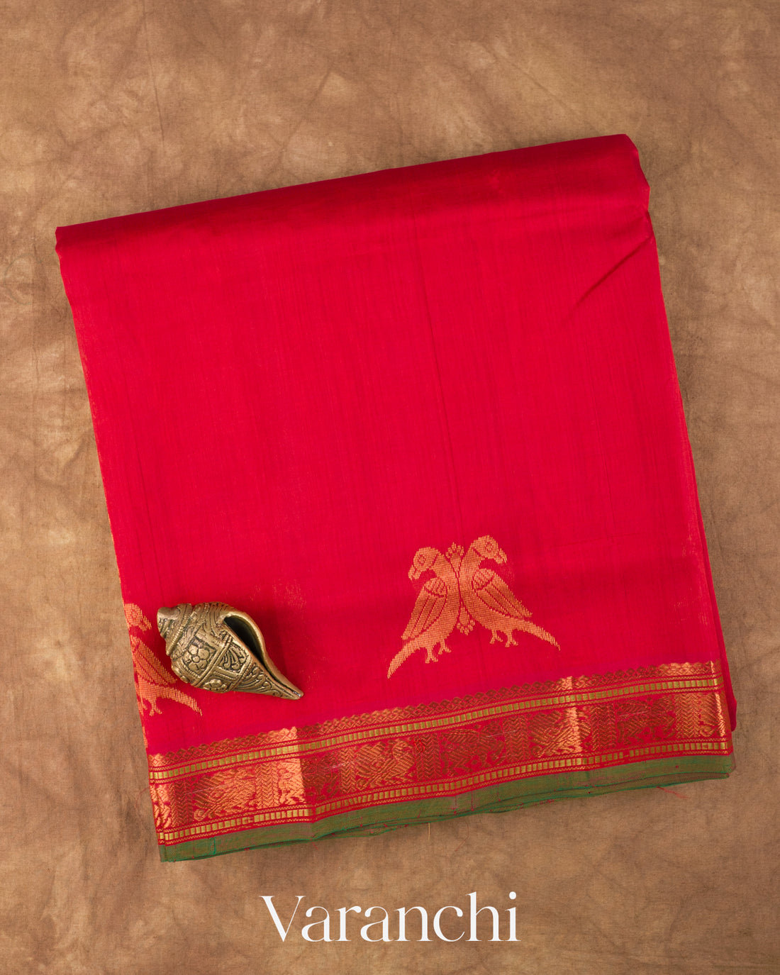Tomato Red Pure Kanchipuram Silk Cotton Handloom Saree — Folded