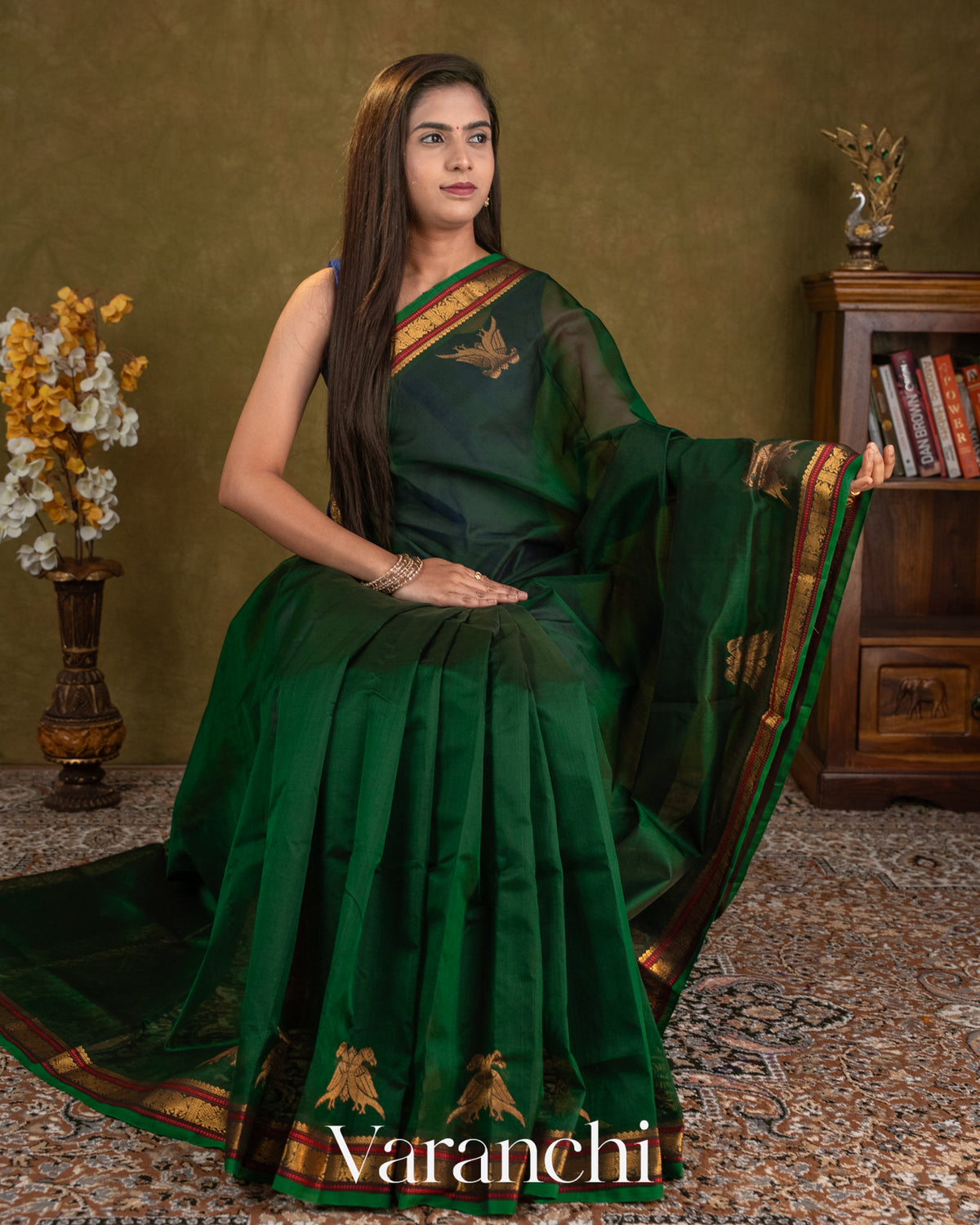 Deep Bottle Green Pure Kanchipuram Silk Cotton Handloom Saree — Draped