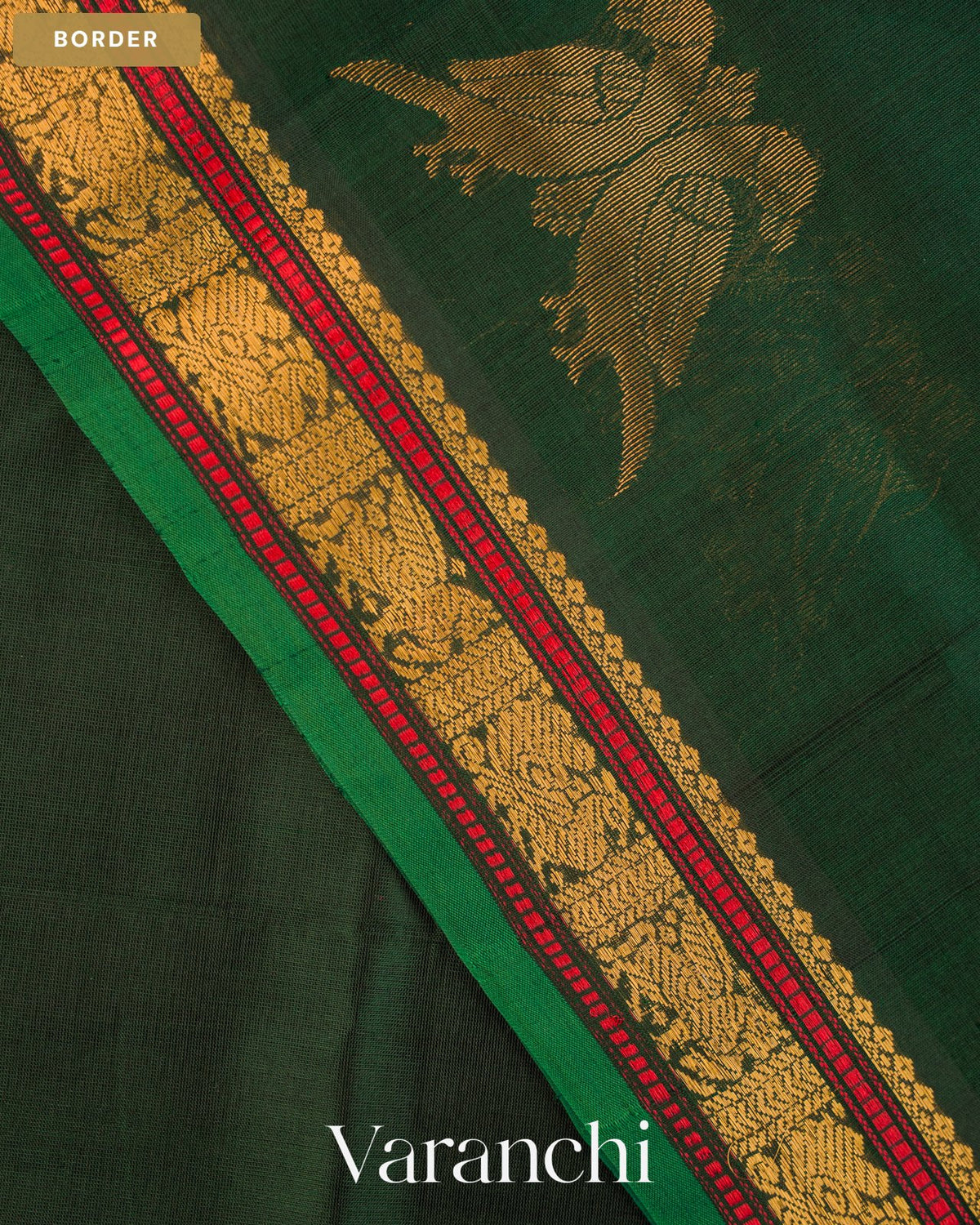 Deep Bottle Green Pure Kanchipuram Silk Cotton Handloom Saree — Border