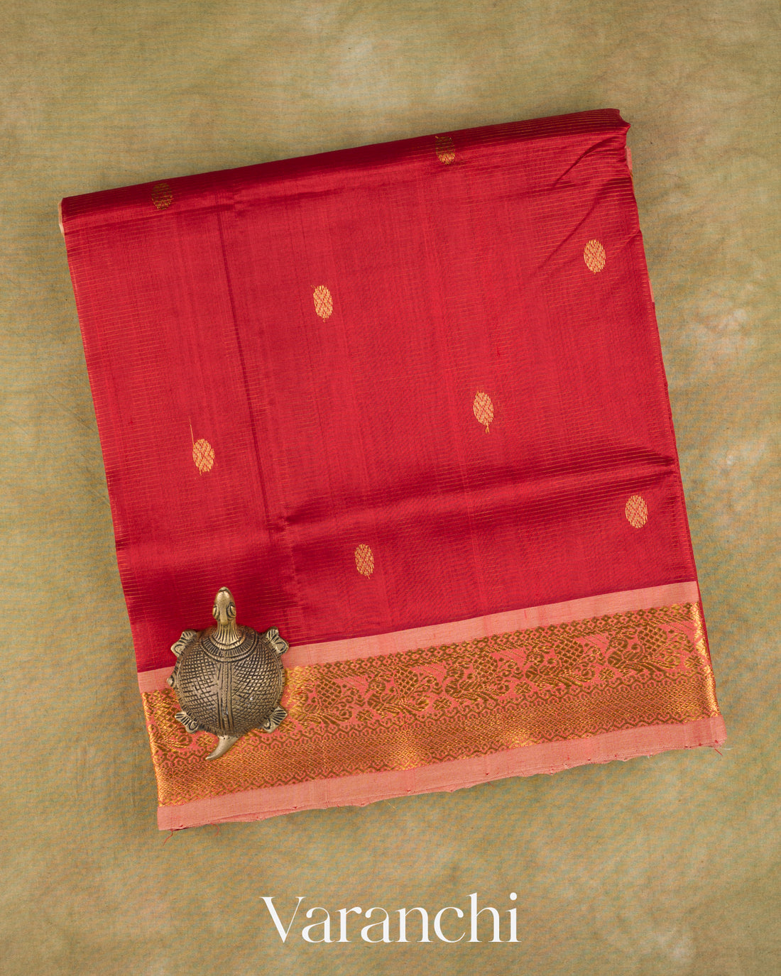 Ruby Red Pure Kanchipuram Silk Cotton Handloom Saree — Folded