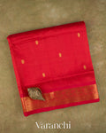 Bright Red Pure Kanchipuram Silk Cotton Handloom Saree — Folded