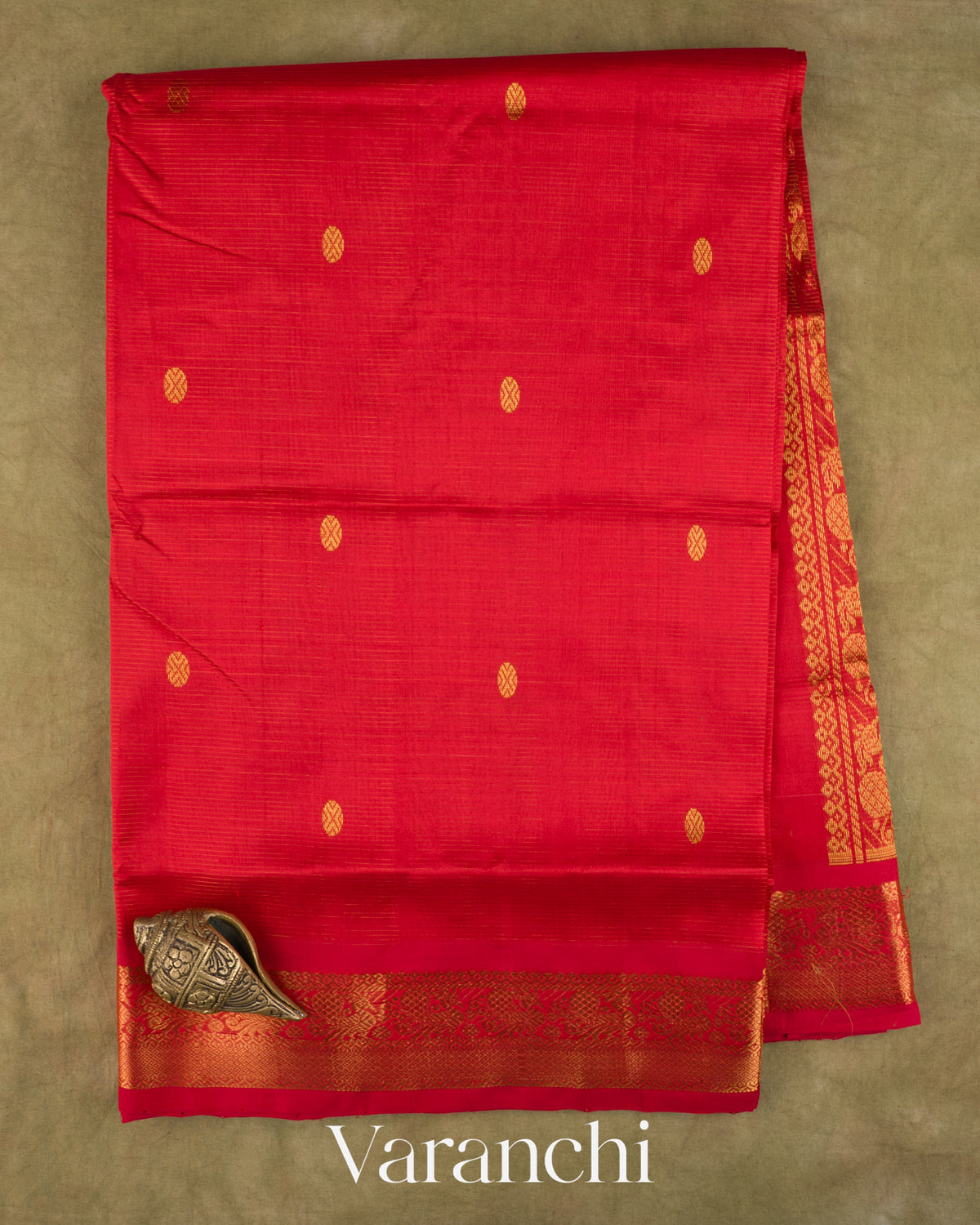 Bright Red Pure Kanchipuram Silk Cotton Handloom Saree — Full Saree