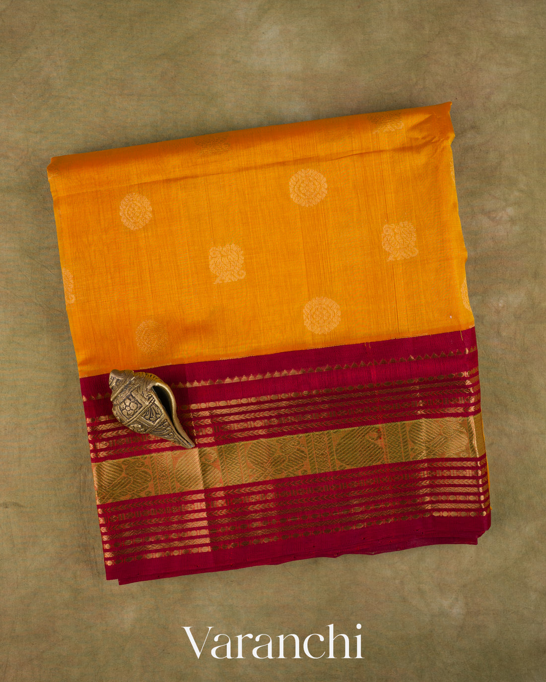 Mango Yellow Pure Kanchipuram Silk Cotton Handloom Saree — Folded