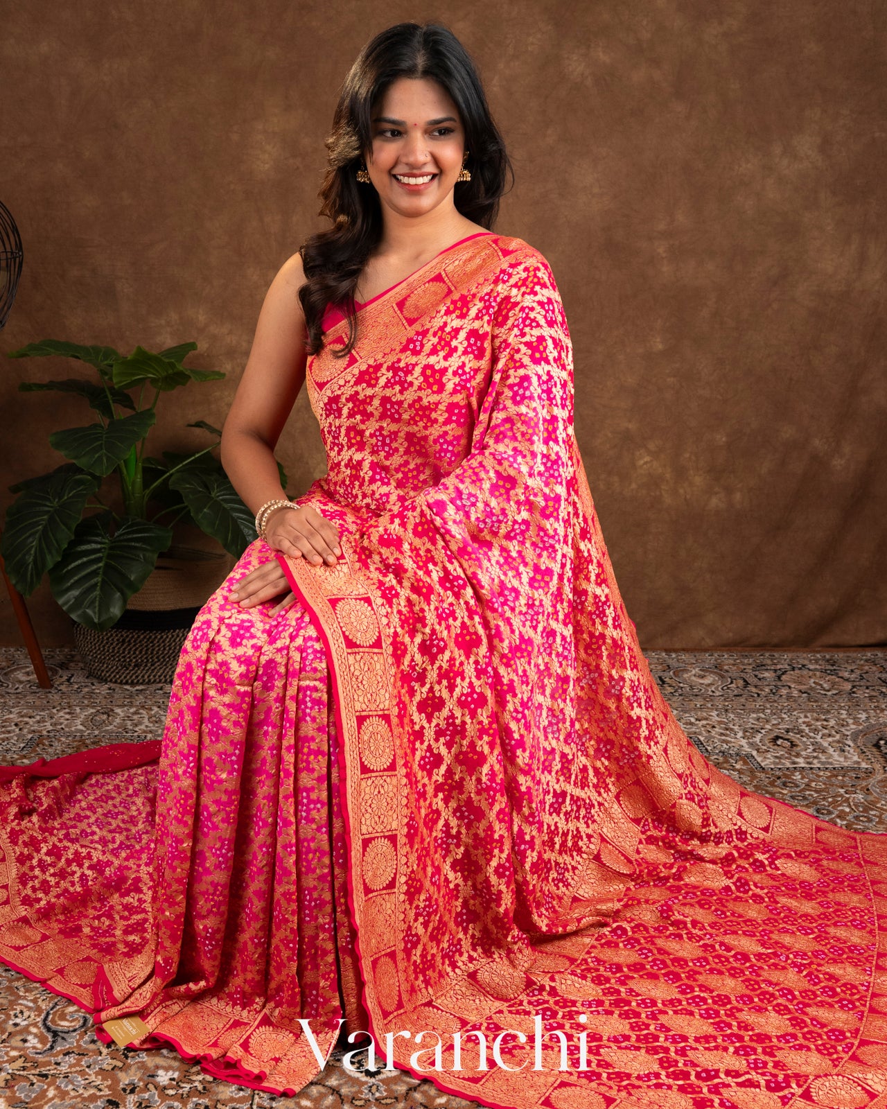 Red and Rani Pink Rangkaat Pure Khaddi Georgette Silk Saree