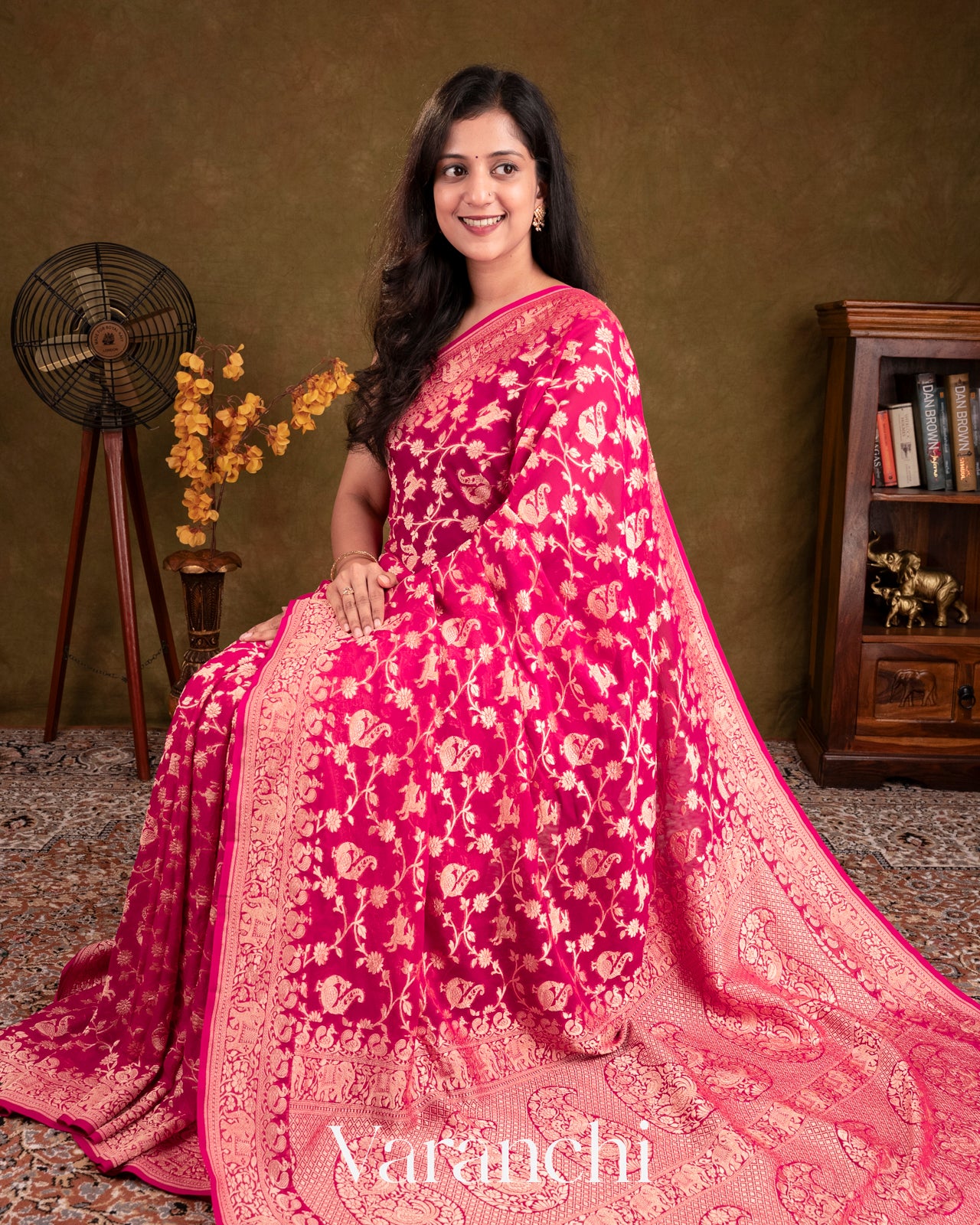 Rani Pink Shikargah Pure Georgette Silk Saree