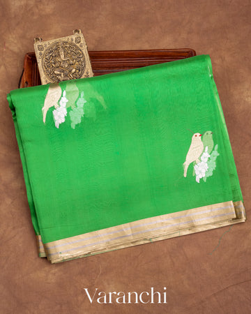 Irish Green Pure Kora Silk Handloom Saree