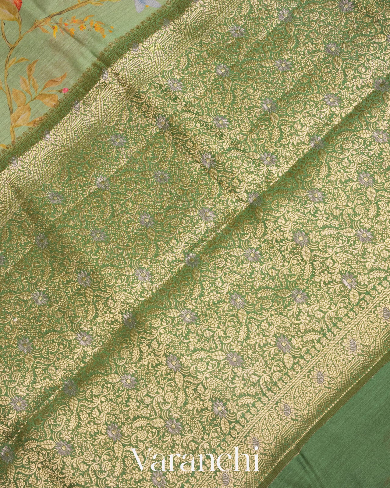 Pastel Green Floral Printed Pure Moonga Silk Saree