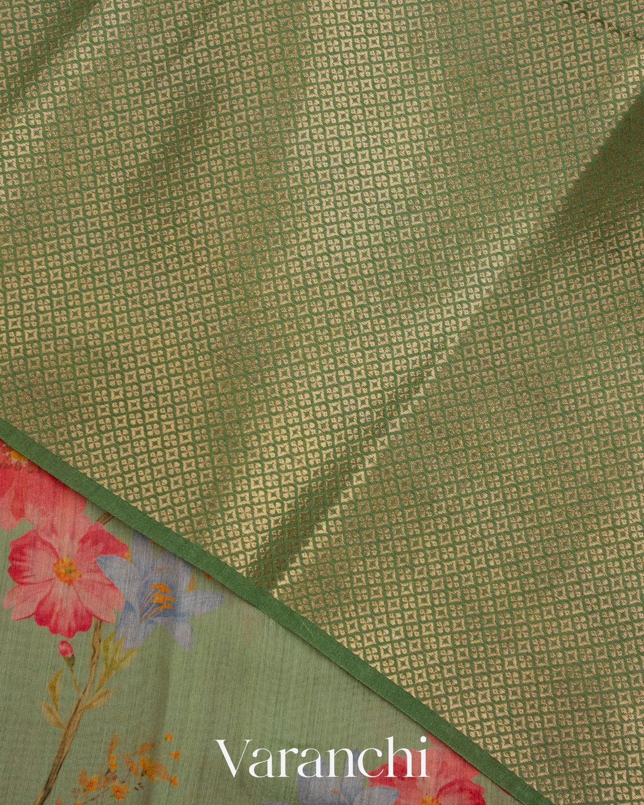 Pastel Green Floral Printed Pure Moonga Silk Saree