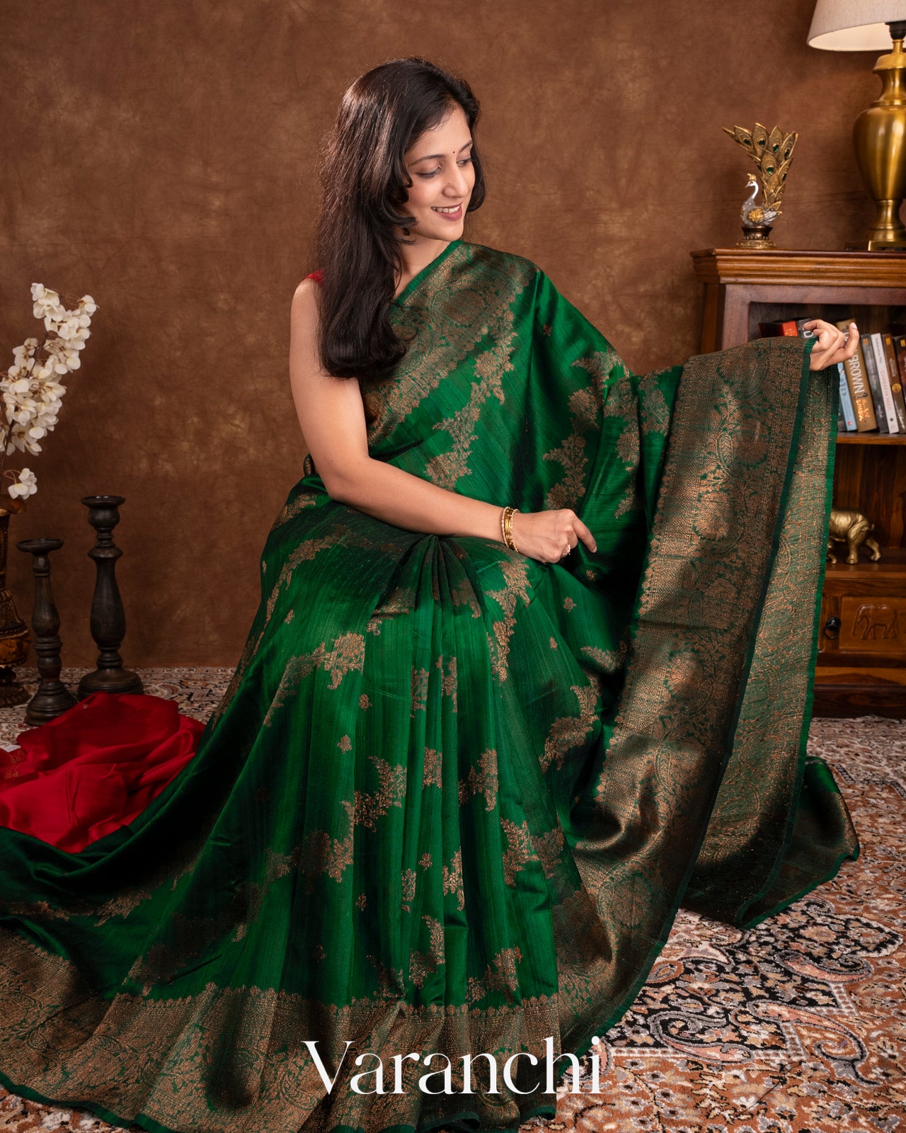 Bottle Green Pure Raw Silk Handloom Saree