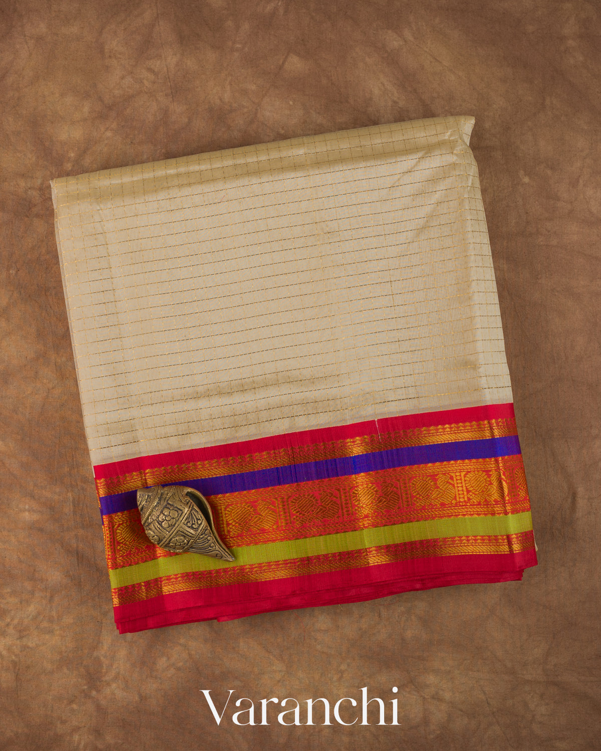 Ivory Checkered Pure Kanchipuram Silk Cotton Handloom Saree — Folded
