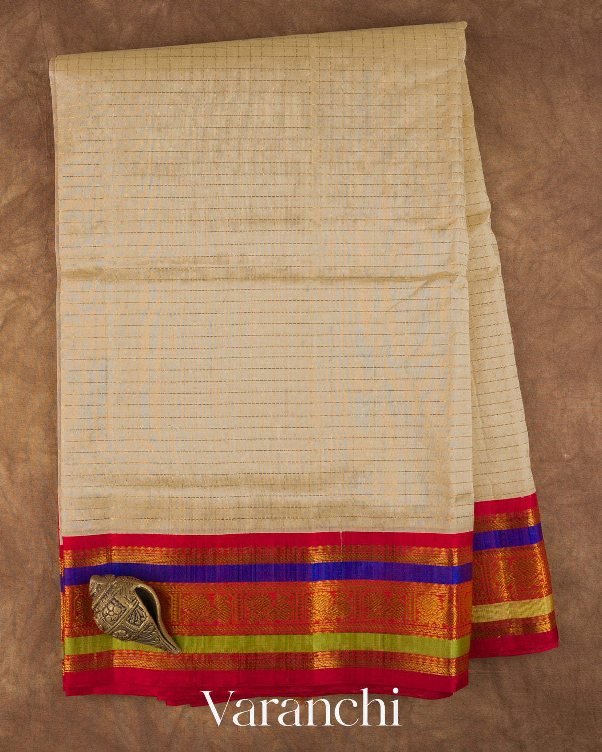 Ivory Checkered Pure Kanchipuram Silk Cotton Handloom Saree — Full Saree