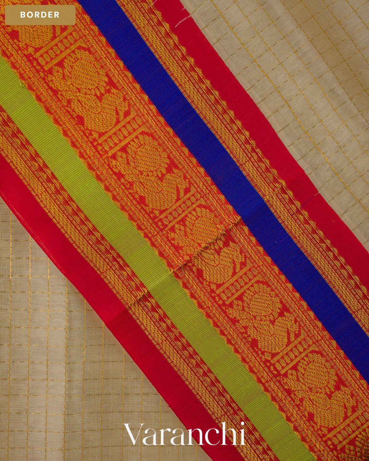 Ivory Checkered Pure Kanchipuram Silk Cotton Handloom Saree — Border