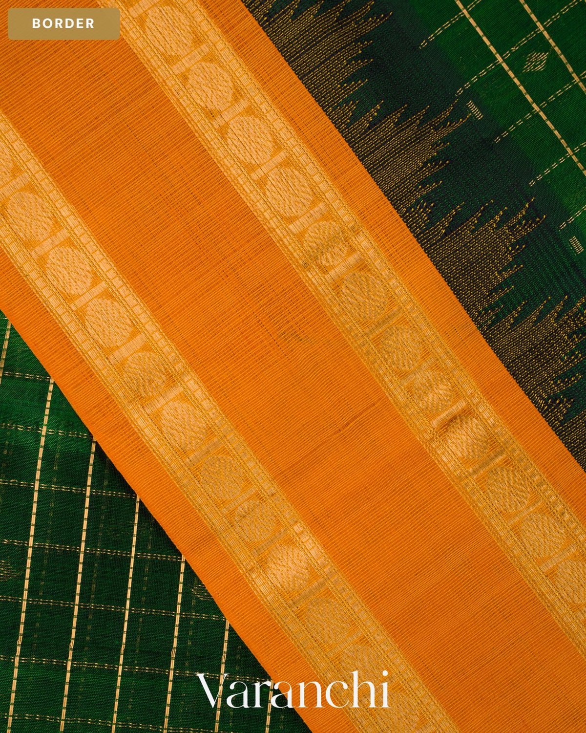 Bottle Green Checkered Pure Kanchipuram Silk Cotton Handloom Saree — Border