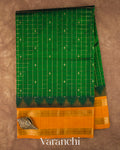Bottle Green Checkered Pure Kanchipuram Silk Cotton Handloom Saree — Full Saree