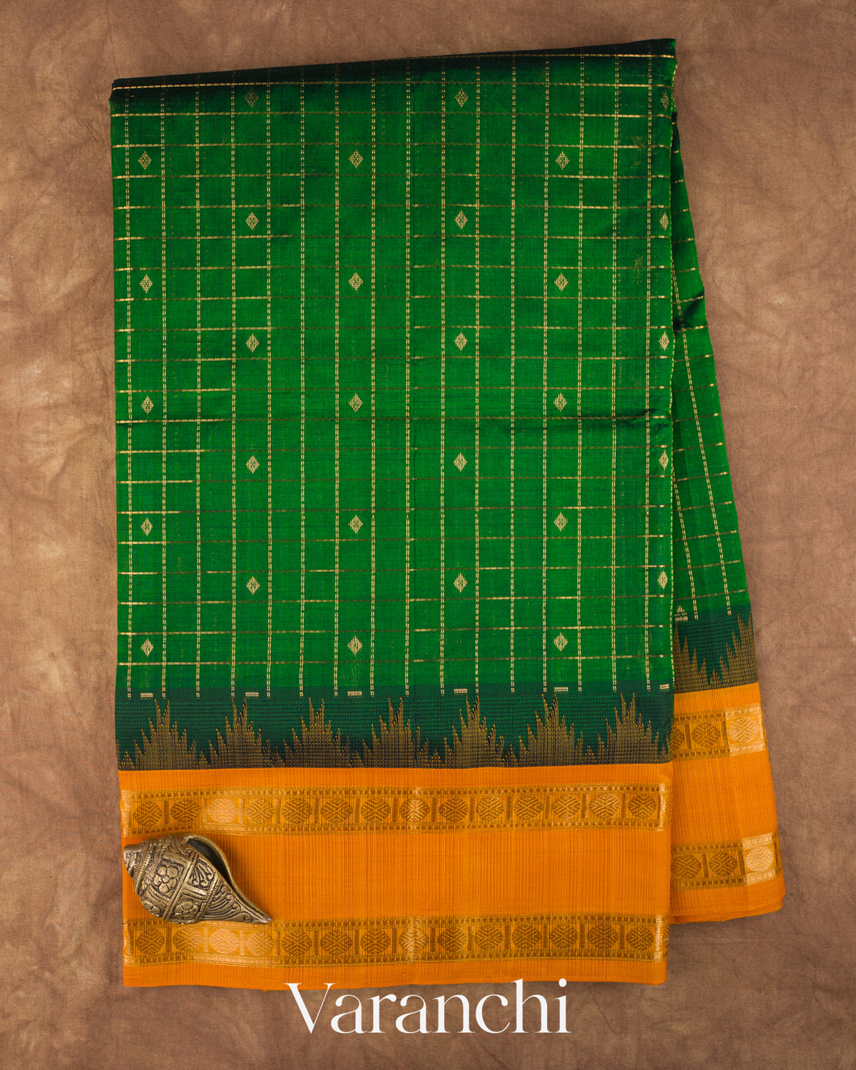 Bottle Green Checkered Pure Kanchipuram Silk Cotton Handloom Saree — Full Saree