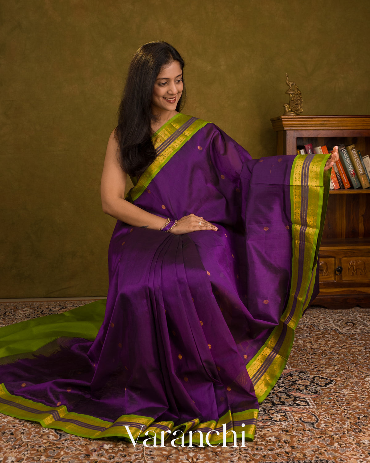 Deep Violet Pure Kanchipuram Silk Cotton Handloom Saree — Draped