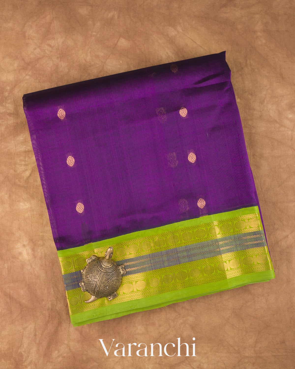 Deep Violet Pure Kanchipuram Silk Cotton Handloom Saree — Folded