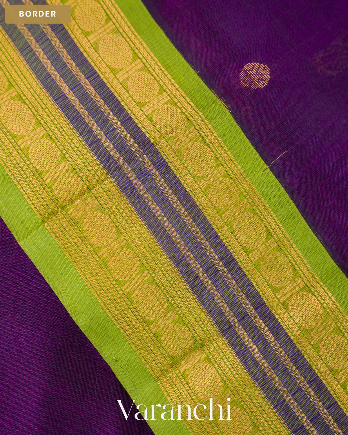 Deep Violet Pure Kanchipuram Silk Cotton Handloom Saree — Border