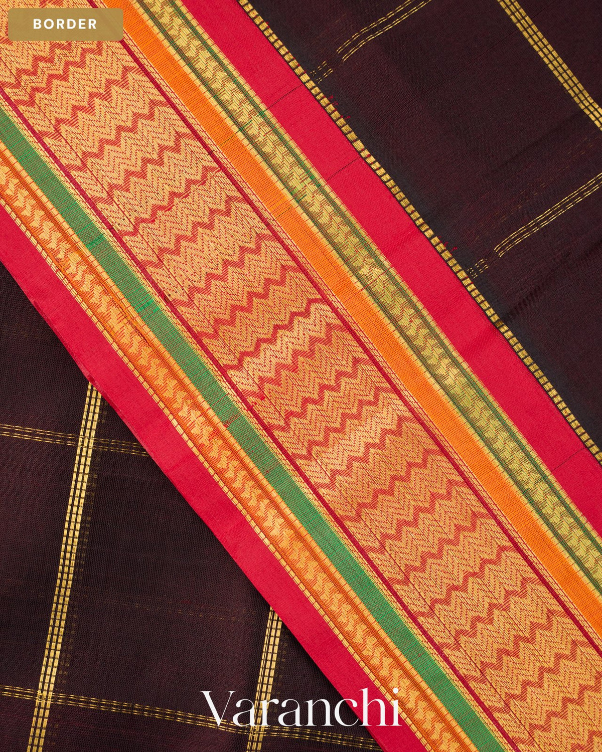 Deep Maroon Checkered Pure Kanchipuram Silk Cotton Handloom Saree — Border